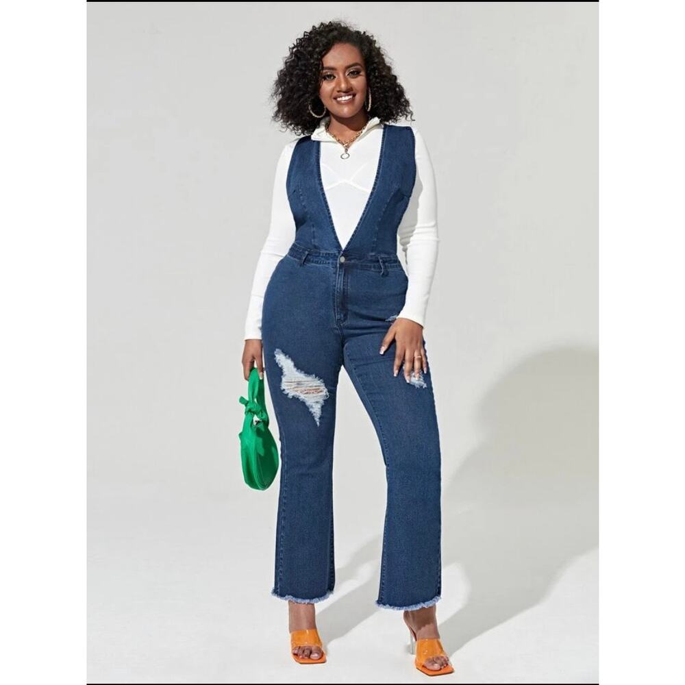 Ripped Raw Hem Denim Jumpsuit- Size 20
